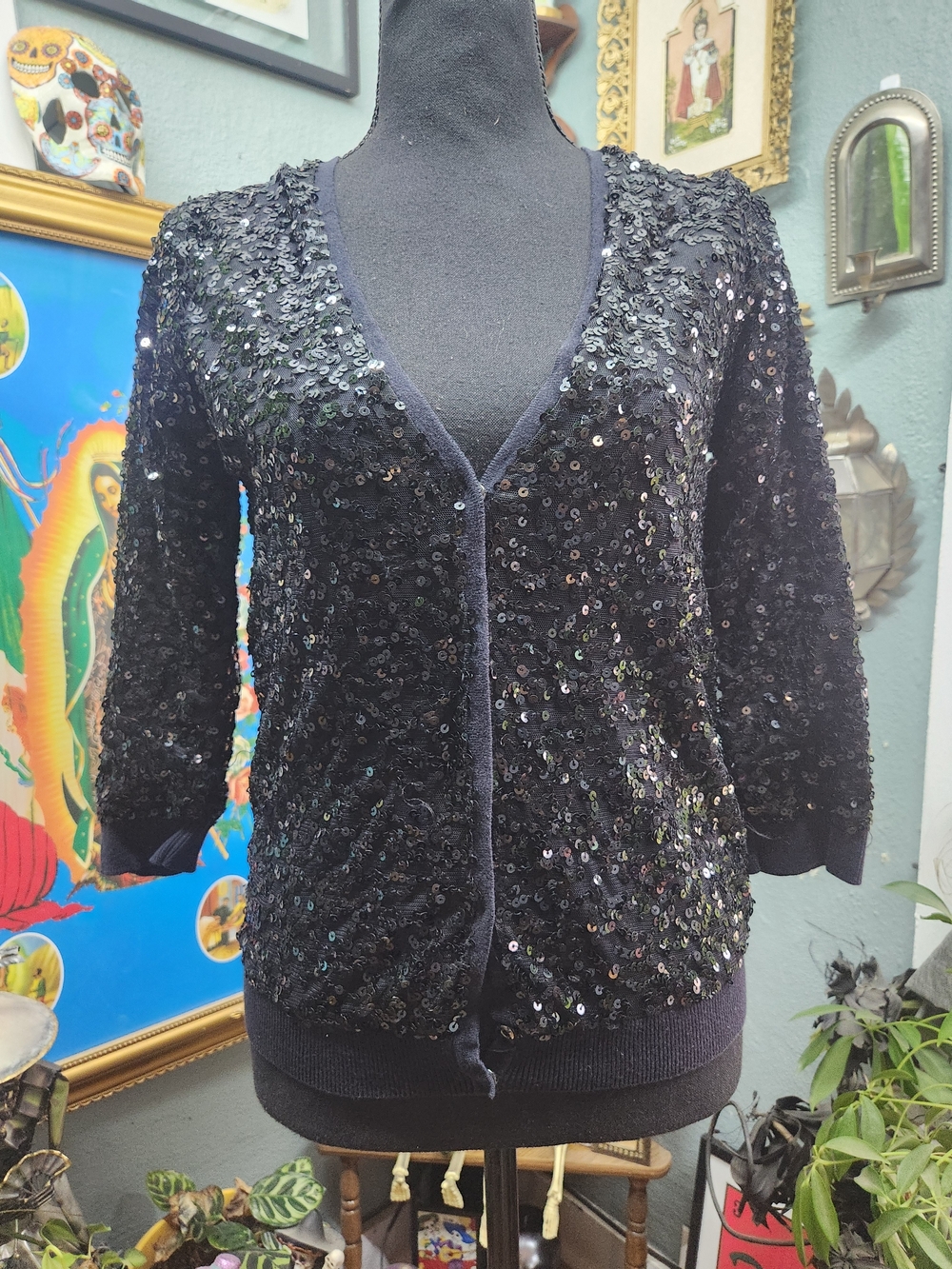 LC Lauren Conrad Black Sequin V-Neck Cardigan